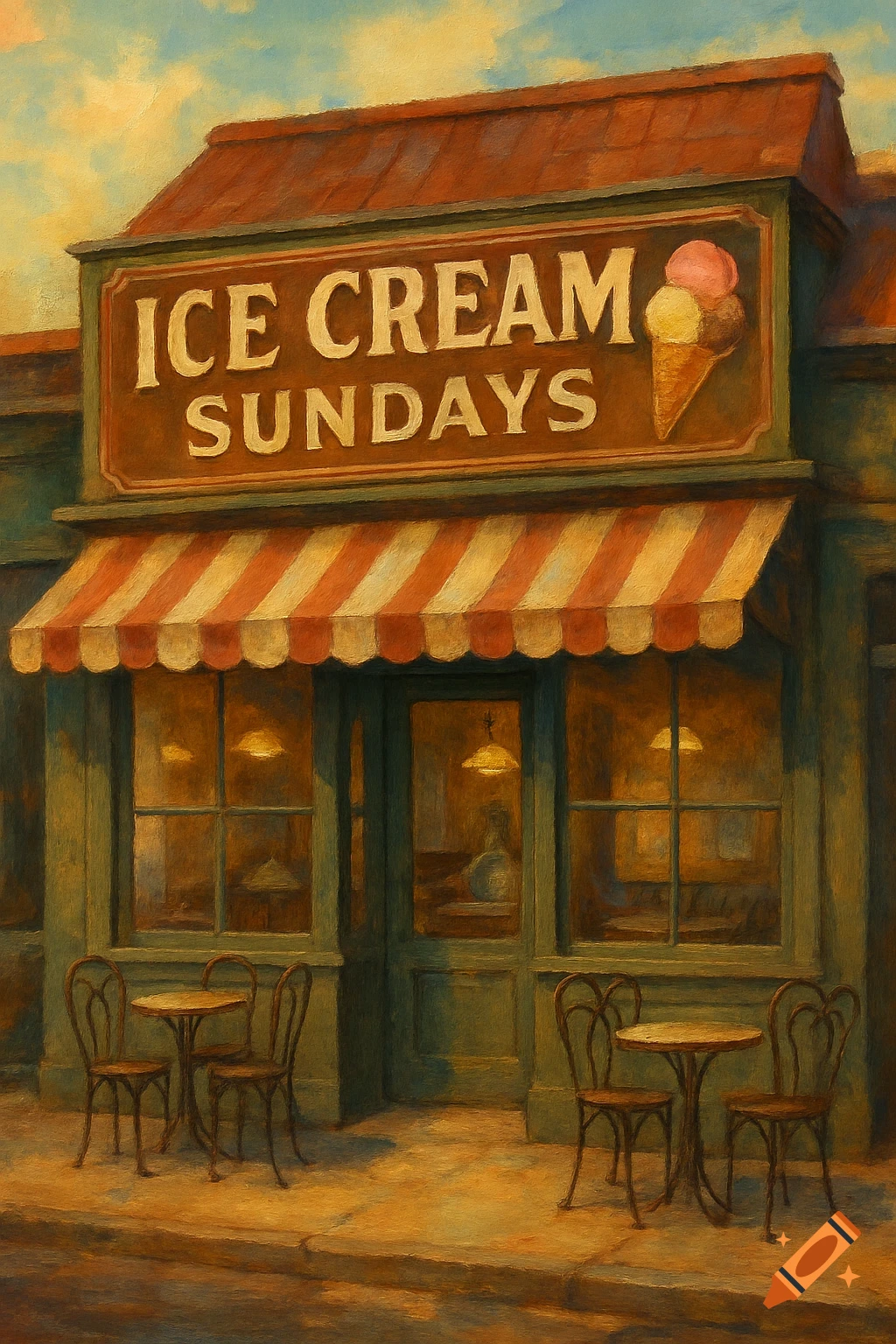 Vintage-style painting of an ice cream shop with a sign that reads 'ICE CREAM SUNDAYS', featuring outdoor tables and chairs.