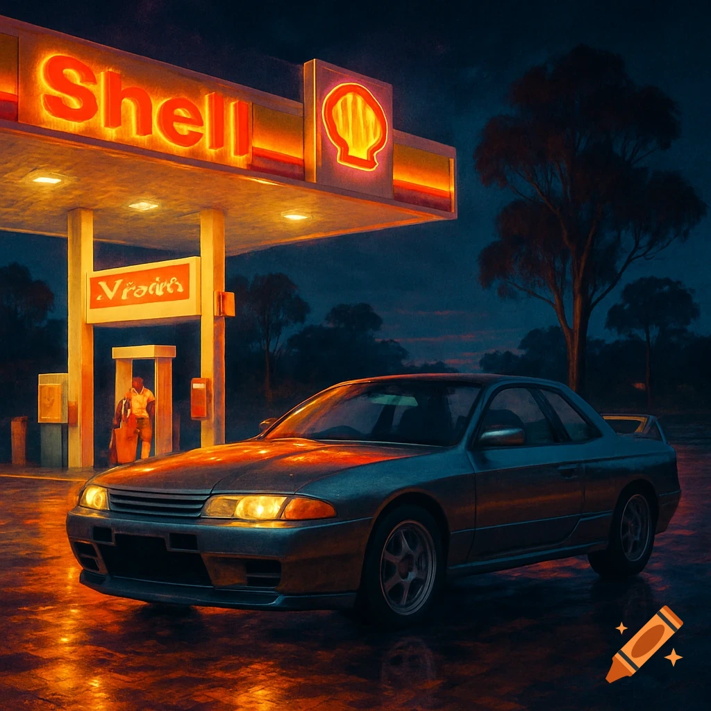 JDM car at Shell station at night, neon lights on wet pavement, moody vaporwave style.