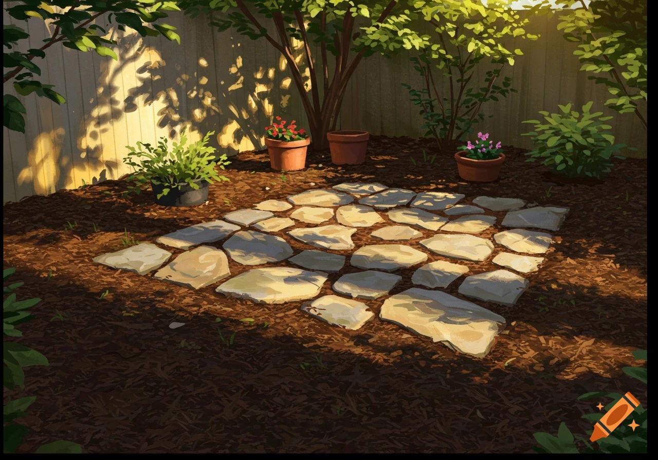 A stone path winds through a mulched backyard garden with potted plants and trees, illuminated by sunlight.