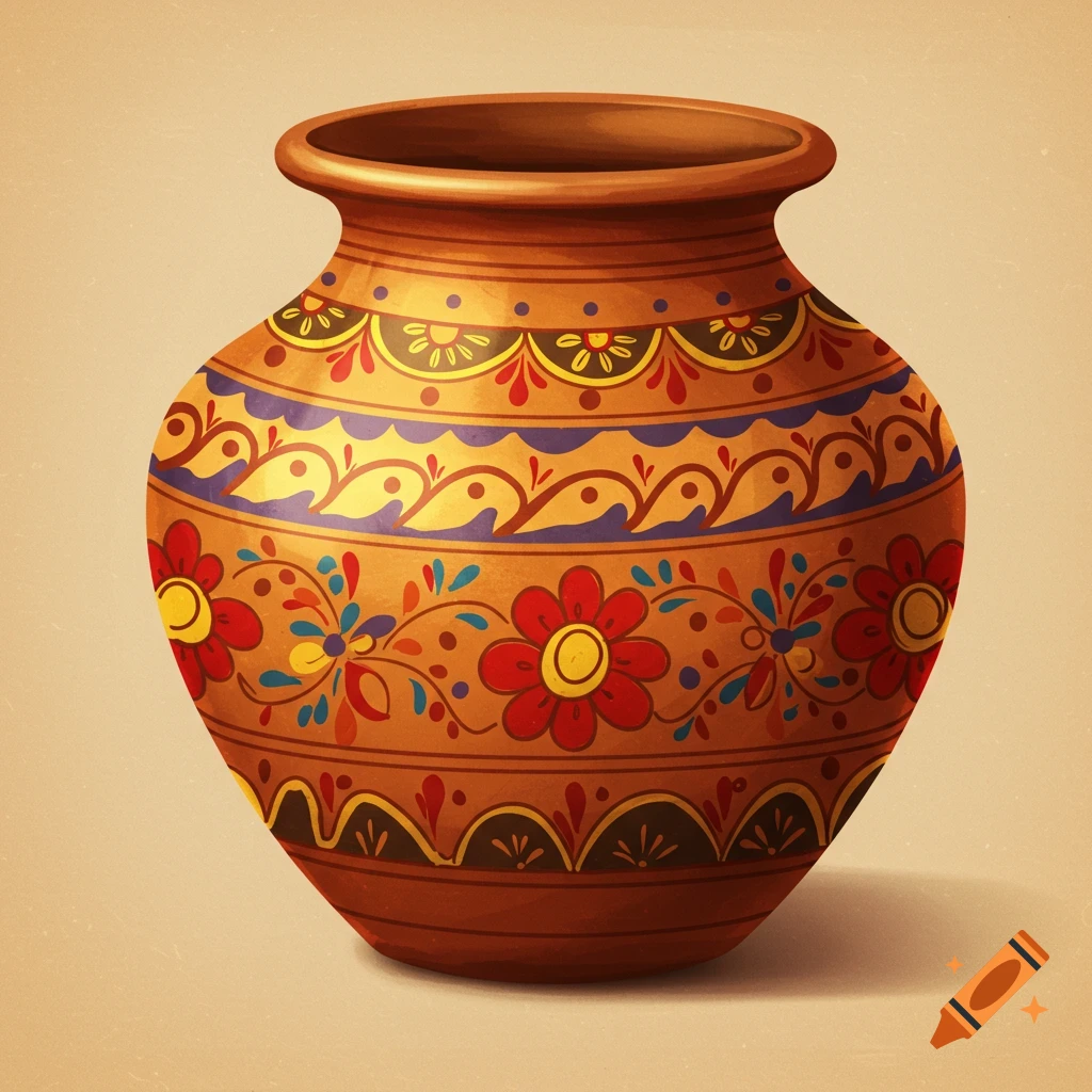A brown pot decorated with intricate, colorful floral and geometric patterns.