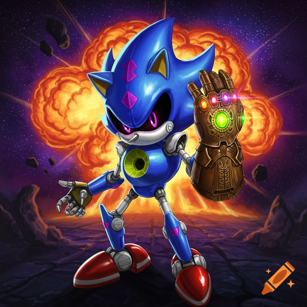 Metal Sonic wearing the Infinity Gauntlet stands before a large explosion in space.
