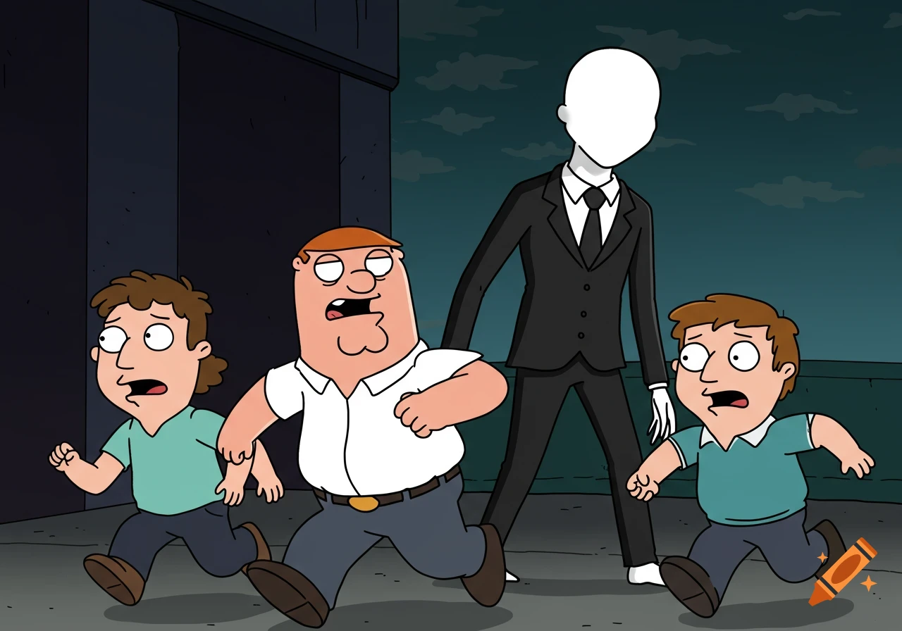 Peter Griffin and two cartoon characters run from Slender Man in a dark scene.