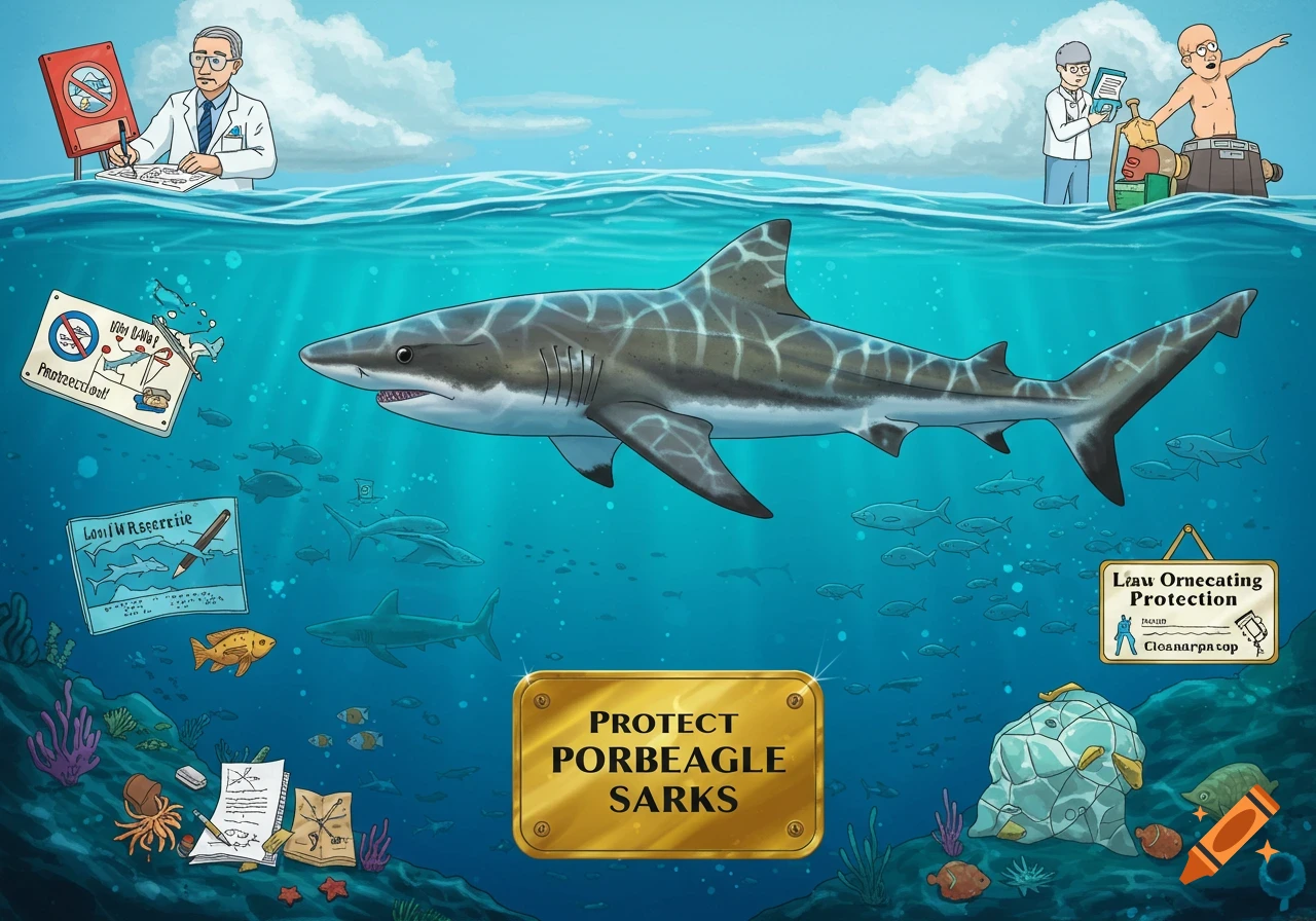 Cartoon illustration of a porbeagle shark swimming underwater with people above and signs about protection and cleaning.
