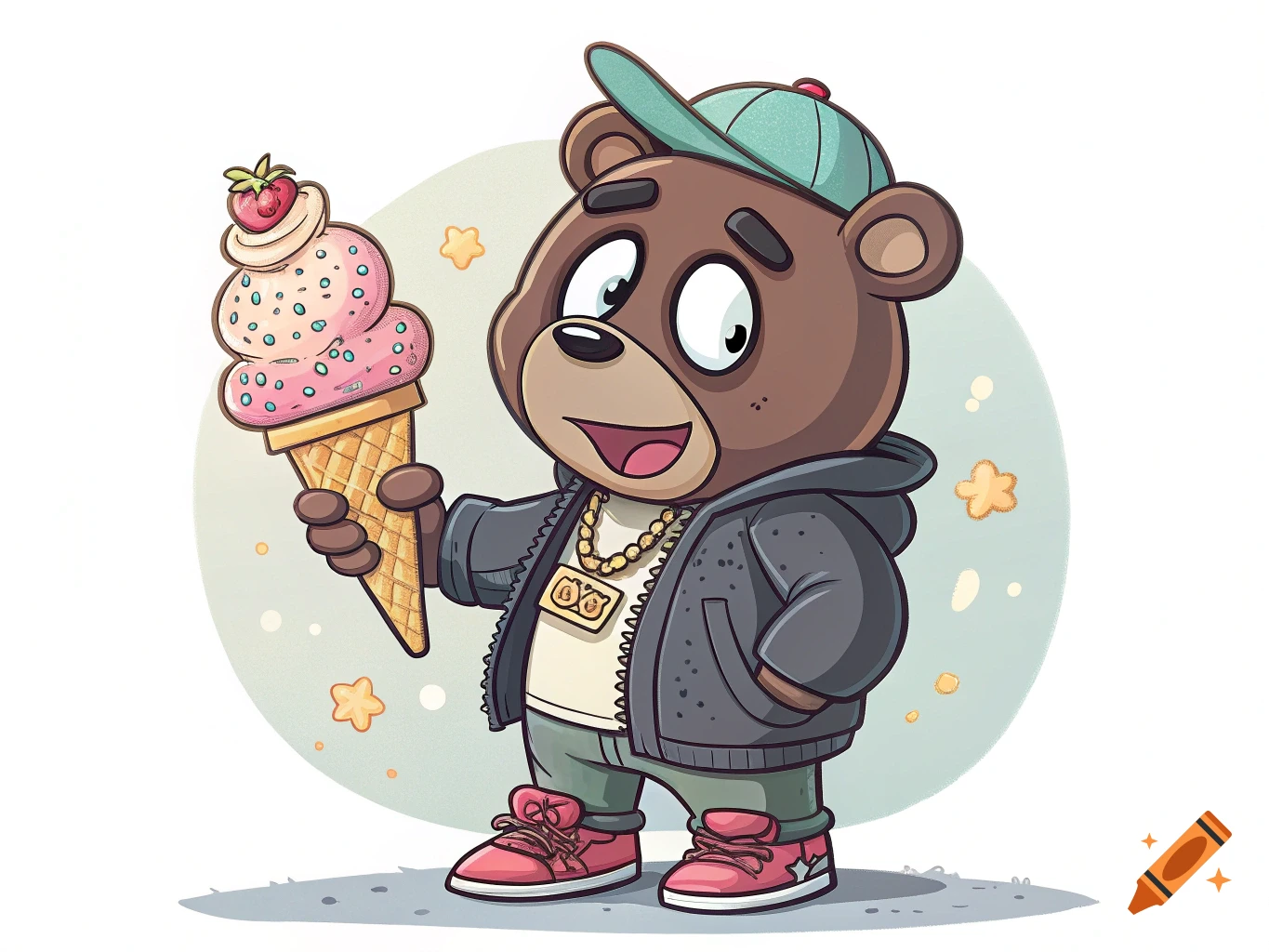 Cartoon bear character in a hoodie and cap holds a large ice cream cone.