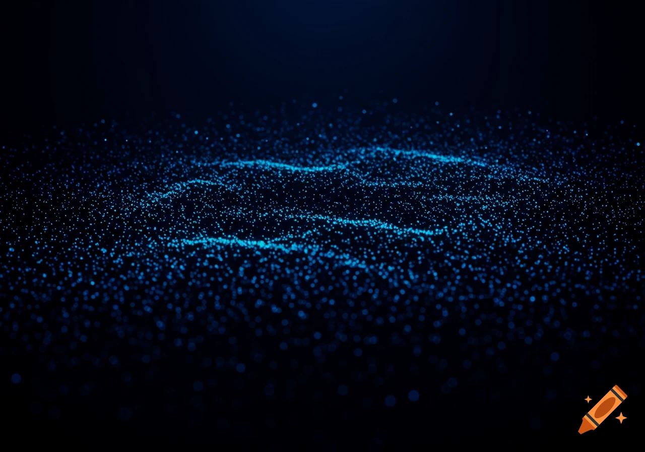 Abstract blue dots form waves on a dark background.