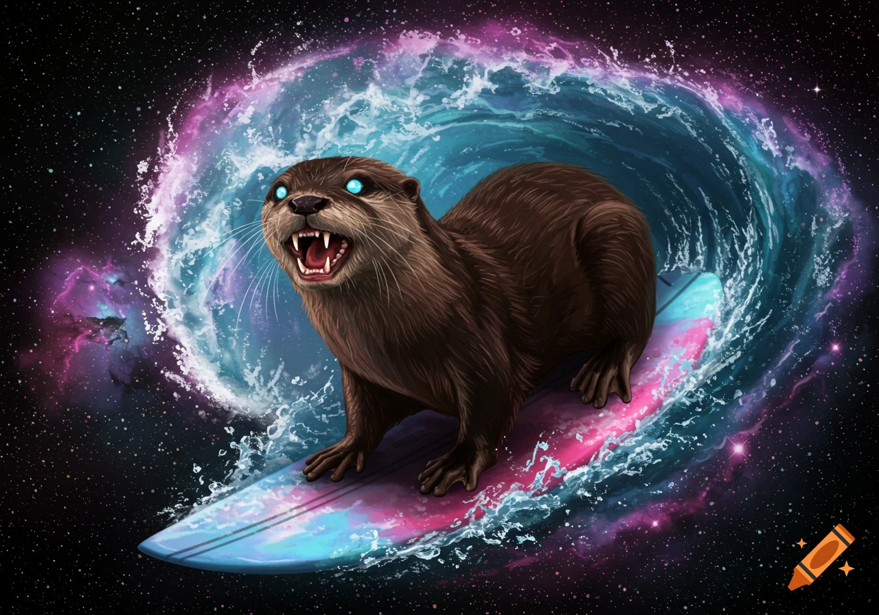 A scary-looking otter surfs on a wave of cosmic energy in outer space.