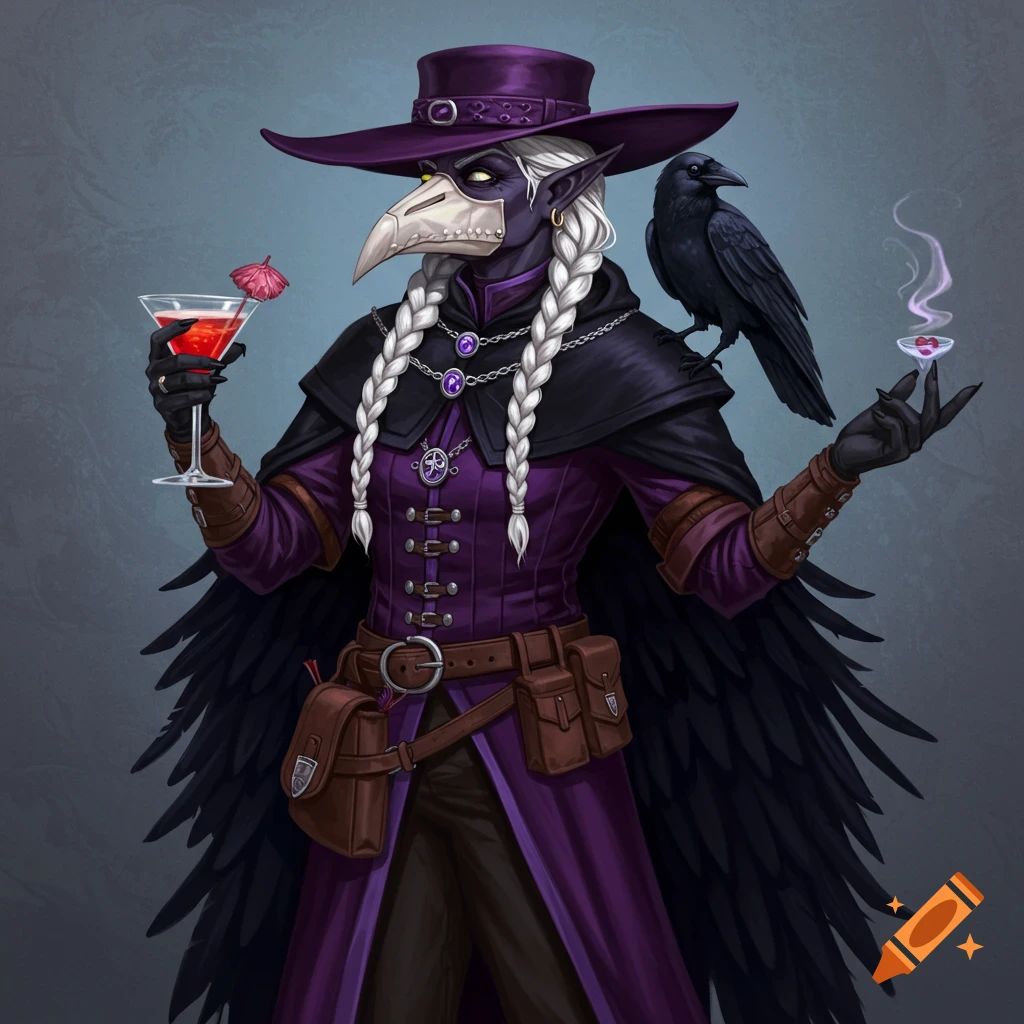 A fantasy portrait of a half-drow plague doctor in purple robes and mask, with a crow on their shoulder, holding a cocktail.