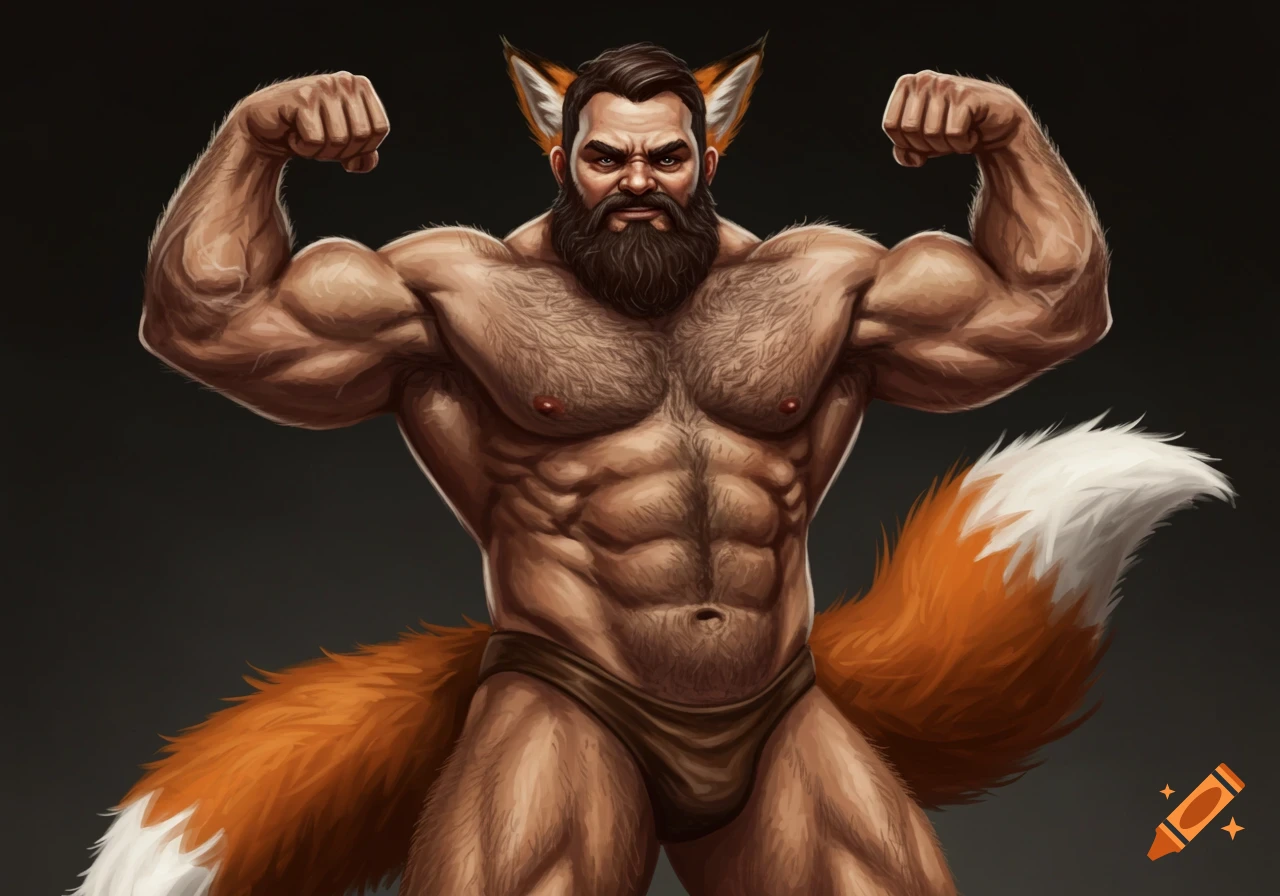 Muscular, hairy man with fox ears and tail flexes biceps in a painterly style.
