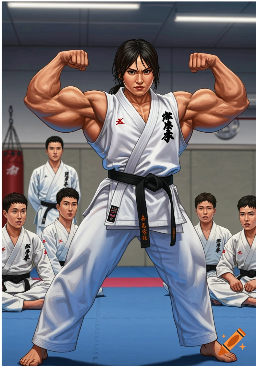 Illustration of a muscular woman in a karate gi flexing in a dojo.