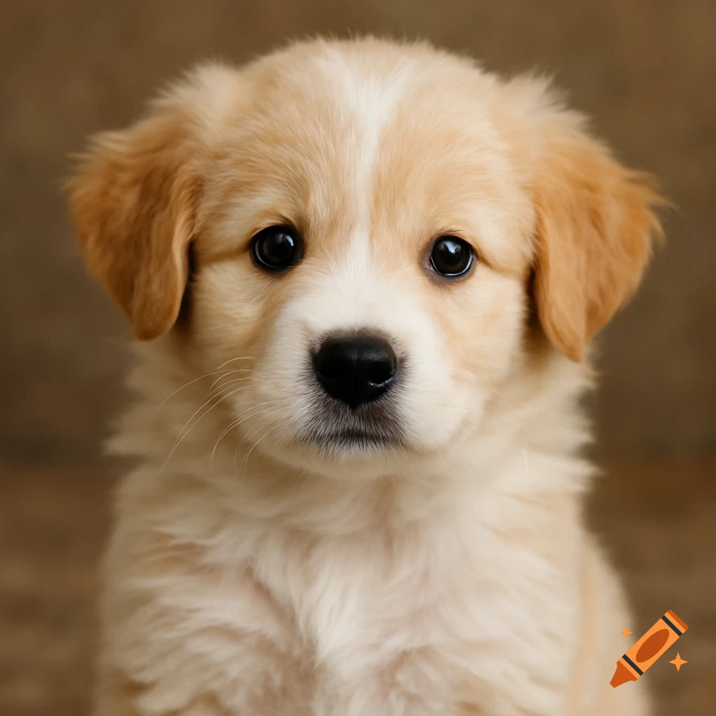 Close-up portrait of a fluffy puppy looking at the camera.