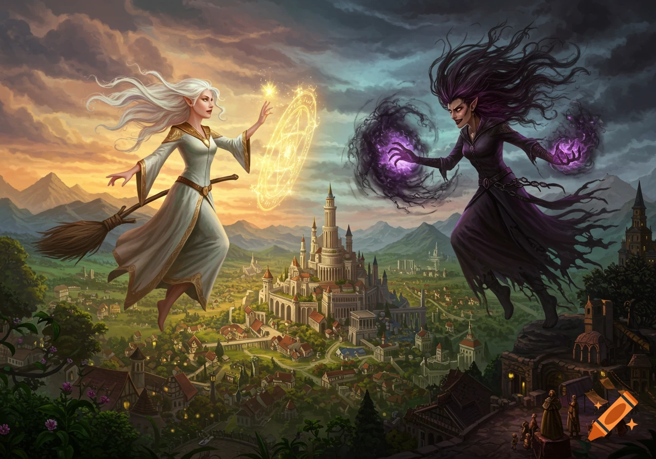 Two fantasy witches cast magic over a kingdom below, split between light and dark skies.