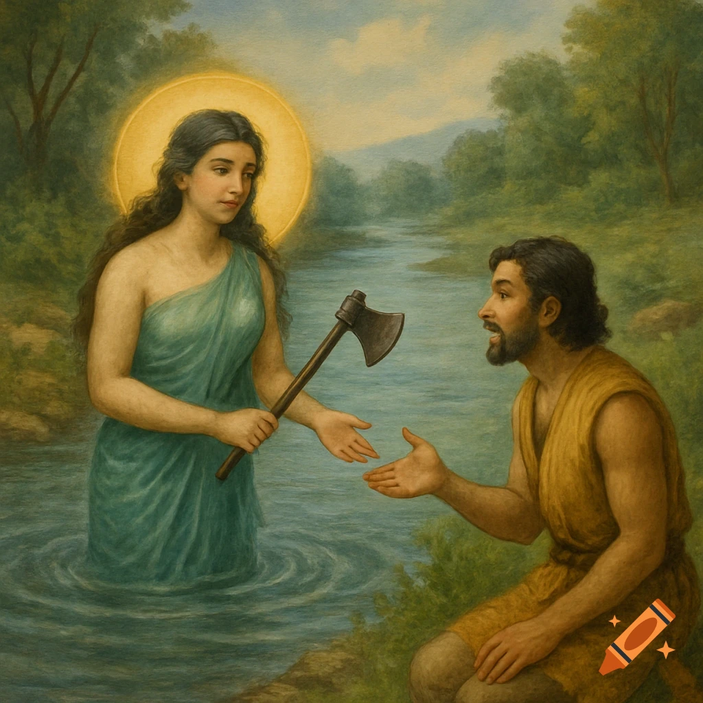 A woman in a river holds an axe and reaches for a man on the bank in a painting style.