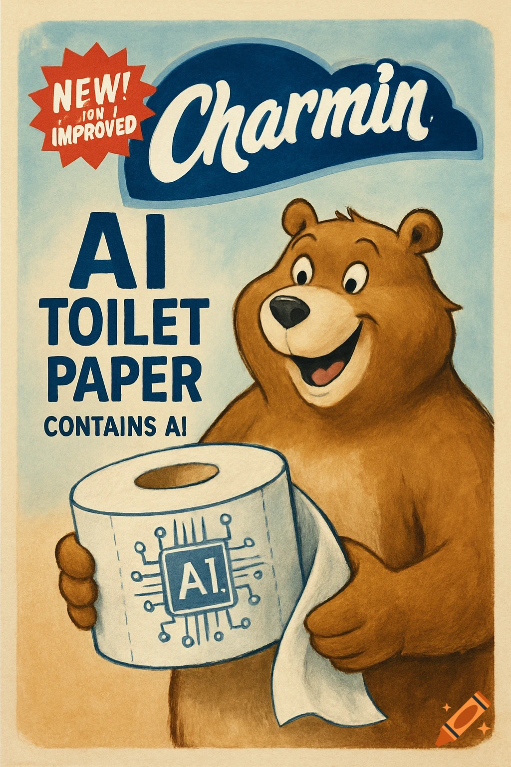 Cartoon bear in a vintage ad style holds AI-branded toilet paper.