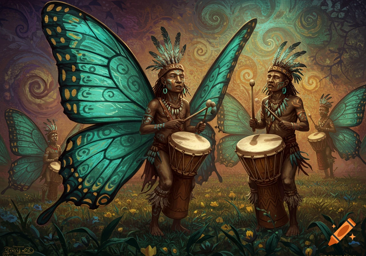 Two winged tribal figures with feathered headdresses play drums in a field of flowers, painterly style.