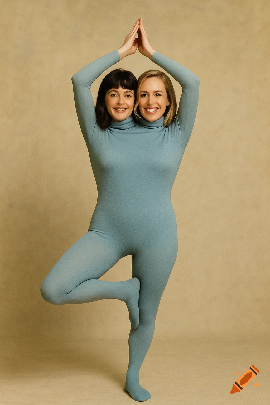 A two-headed woman performs a yoga pose in a blue leotard.