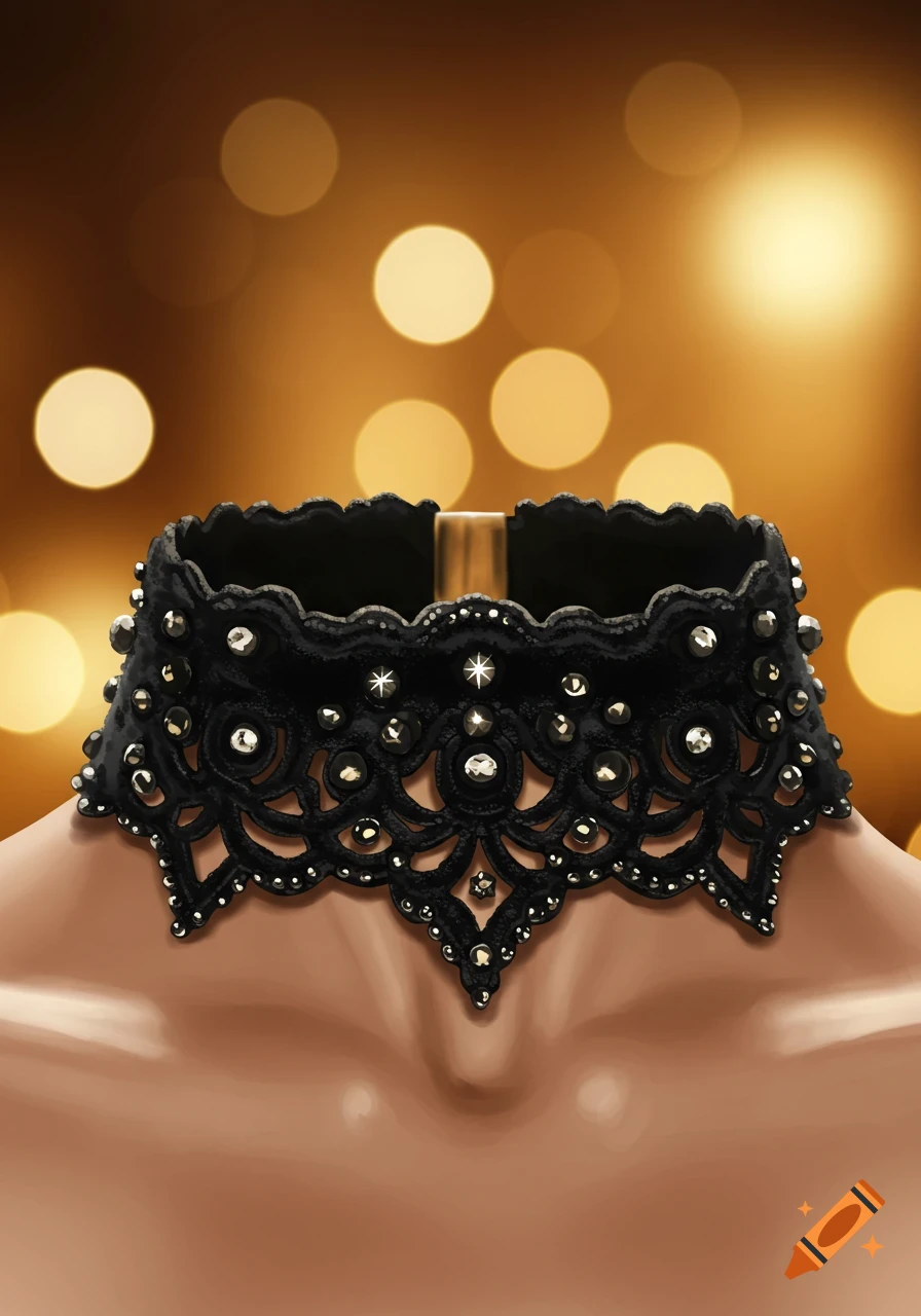 A black choker necklace with lace and gem details is worn on a neck against a blurry golden bokeh background.