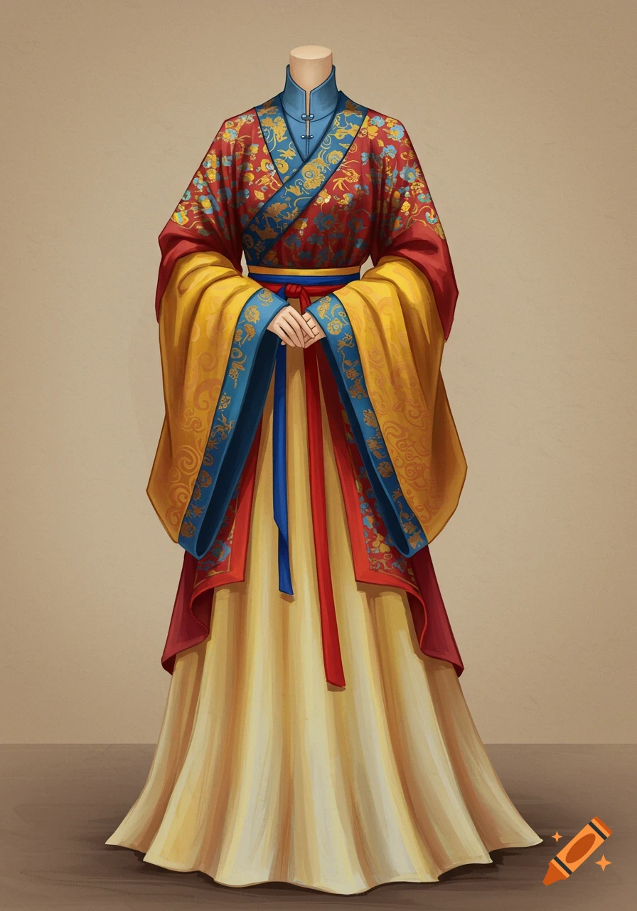 A headless figure wears a vibrant Tang Dynasty style dress in red, yellow, and blue fabric, digitally painted.
