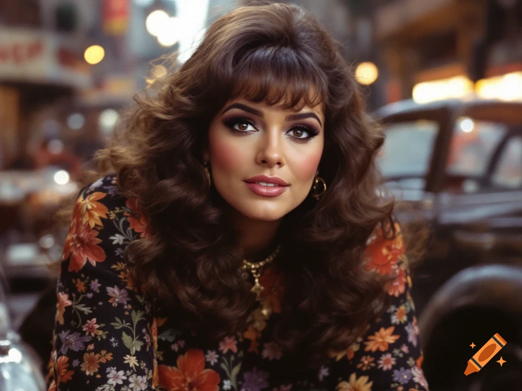 Close-up portrait of a woman with large 70s-style hair and makeup wearing a floral top, with blurred city background and cars.