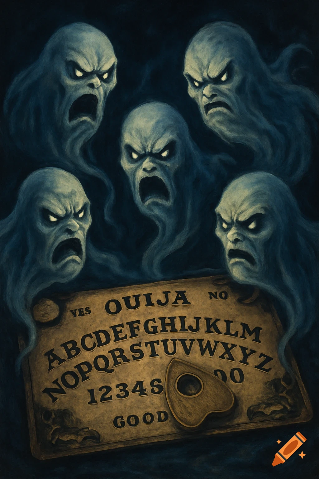 Five angry ghosts surround a Ouija board in a dark, painterly style.