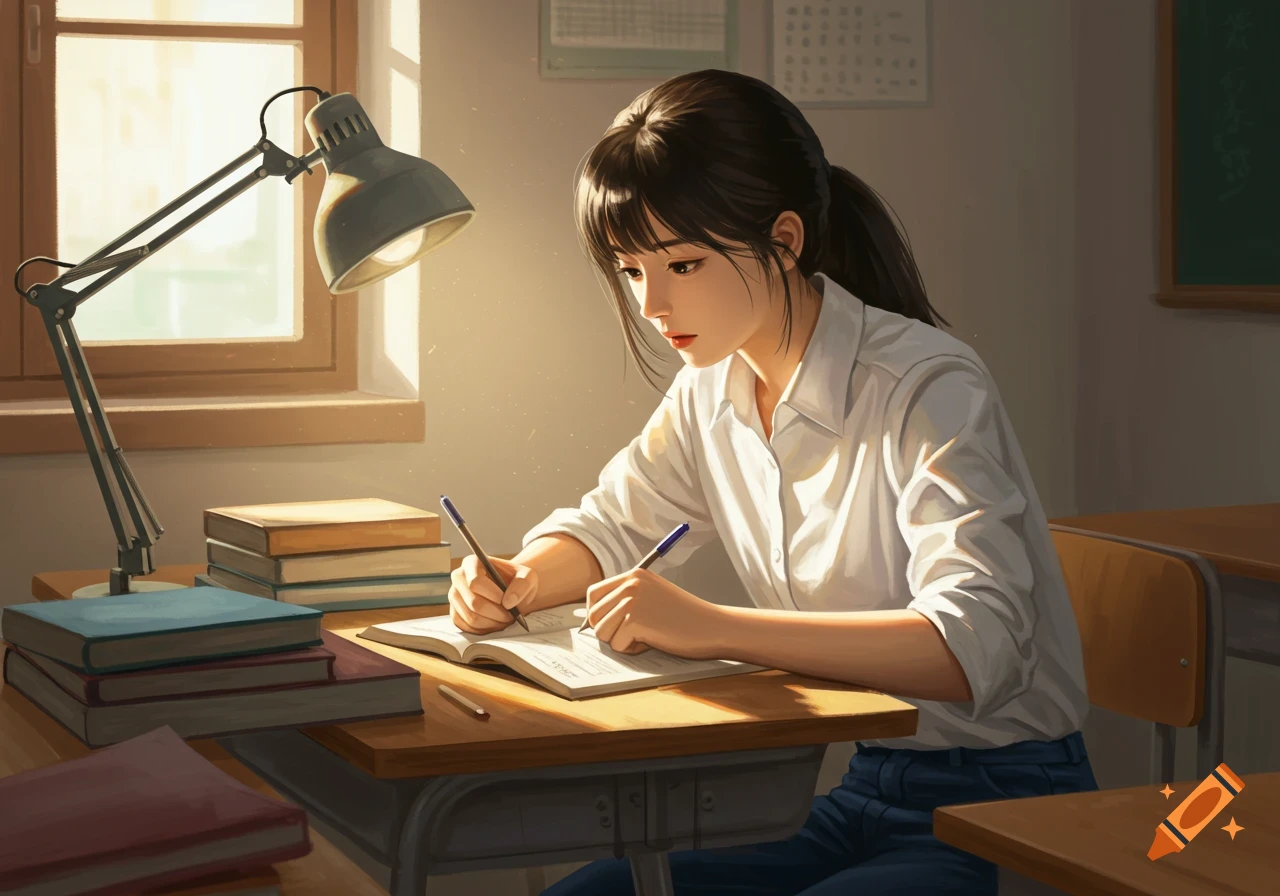 Illustration of a student writing in a notebook under a lamp at a desk filled with books.