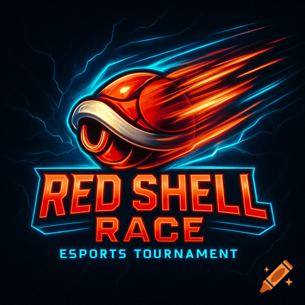 Logo for Red Shell Race Esports Tournament, featuring a fiery red shell with blue lightning.