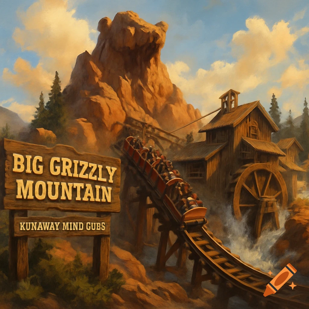 A roller coaster ascends a track past a mine building and mountain. A large sign reads 'BIG GRIZZLY MOUNTAIN KUNAWAY MIND GUBS'. Painting style.