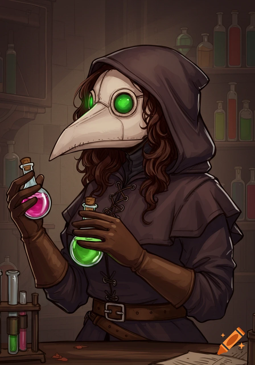 A fantasy illustration of a plague doctor in a mask and hood holding two potions in an alchemy lab.