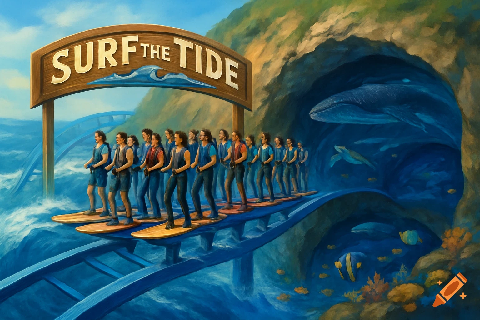 A painting of a theme park ride called Surf The Tide, showing riders on surfboards on a coaster track next to the ocean and entering a cave with whales and fish.
