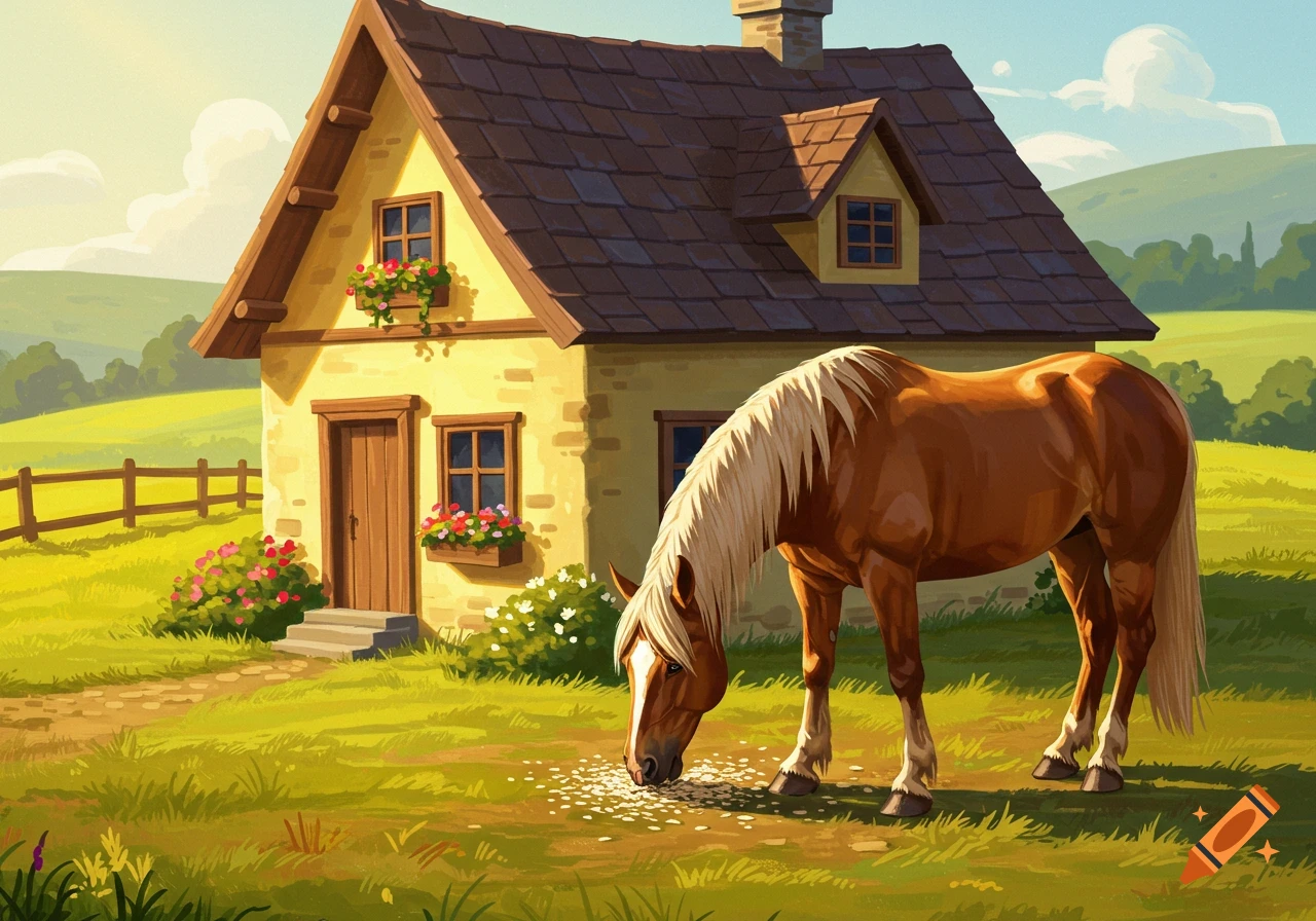 A brown horse with a blonde mane eats grass near a yellow house in a sunny field. Illustration.