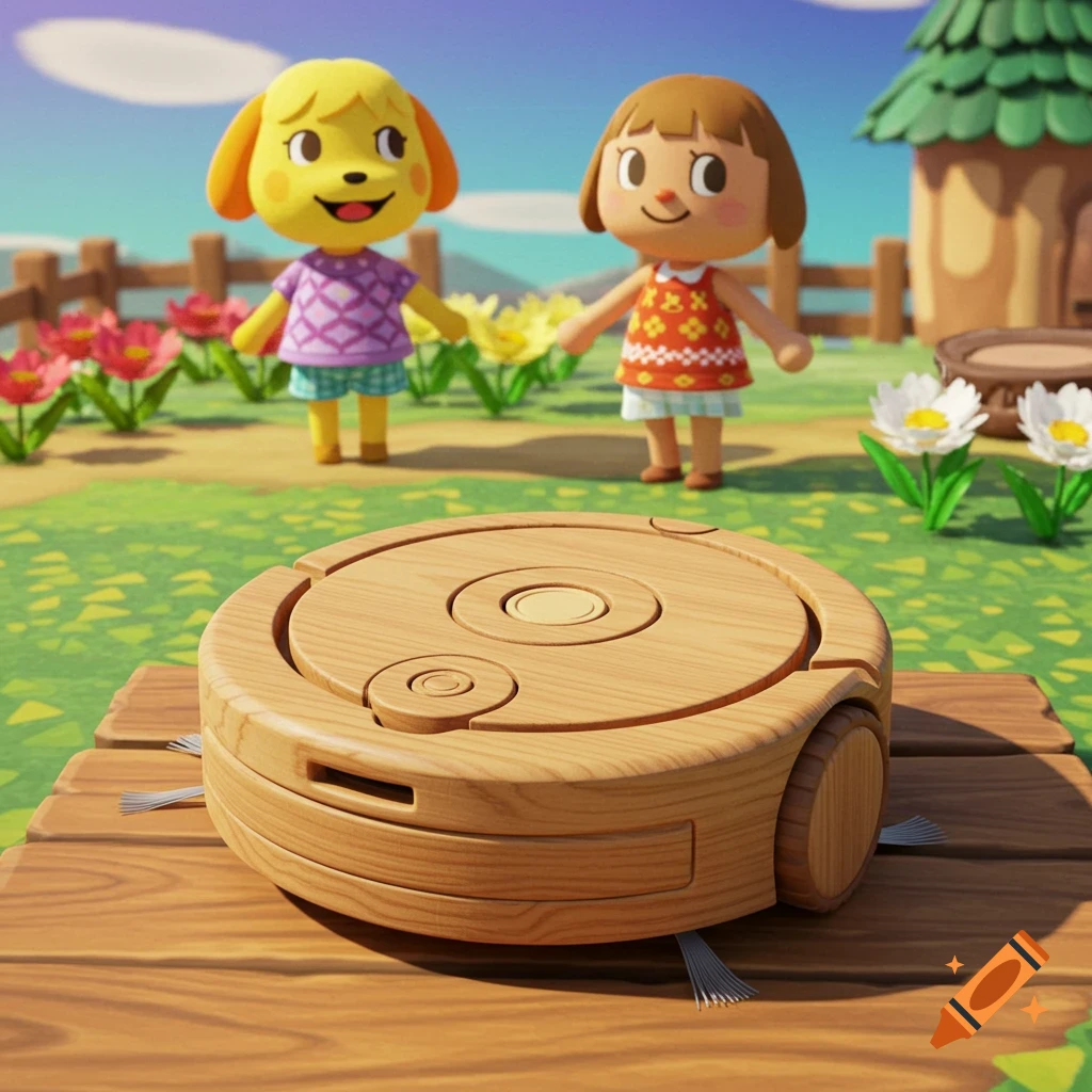 Isabelle and a villager stand behind a wooden Roomba on a wooden platform in an Animal Crossing scene.