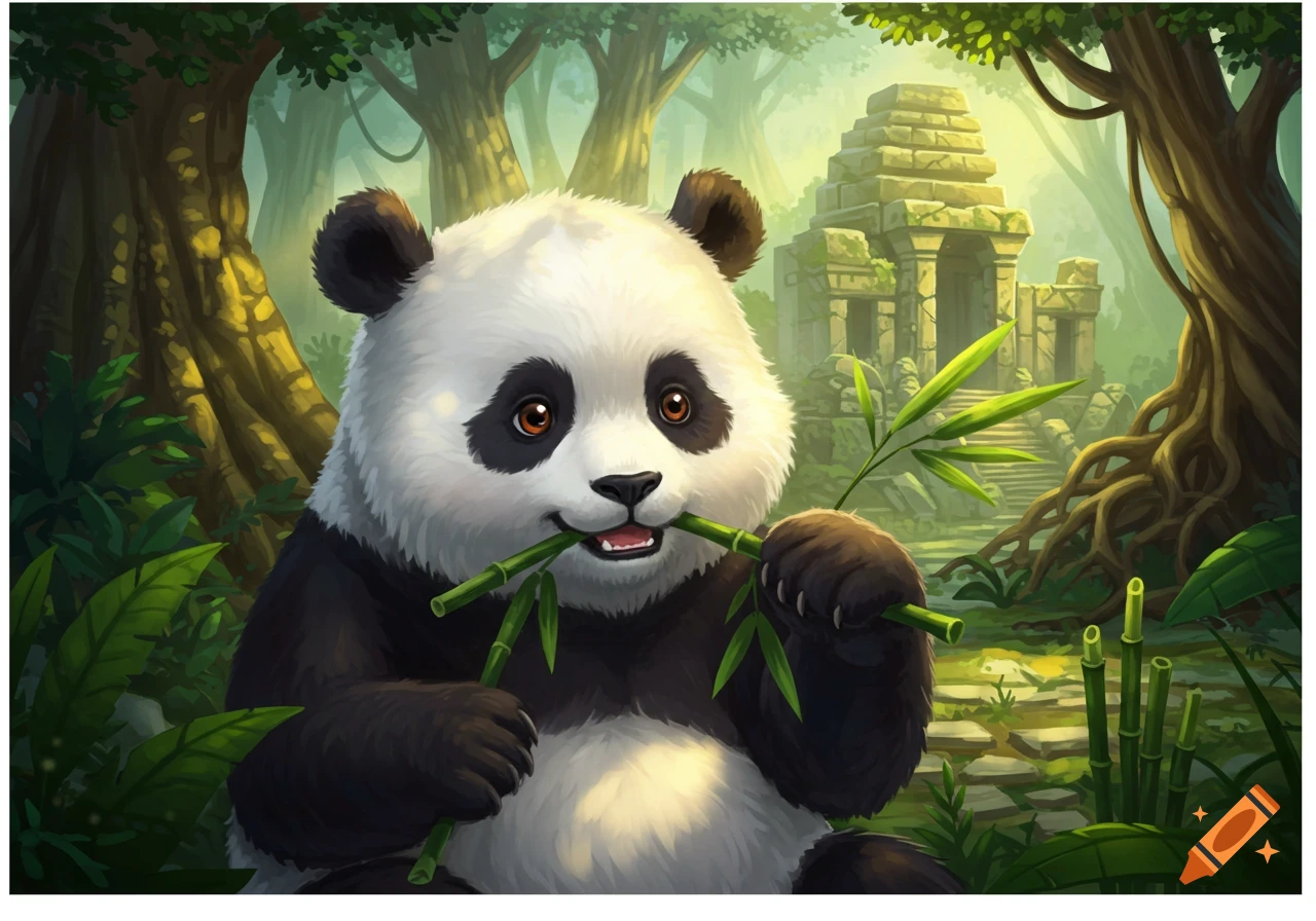 A cute panda chews bamboo in a rainforest with ancient ruins behind it. Digital art.