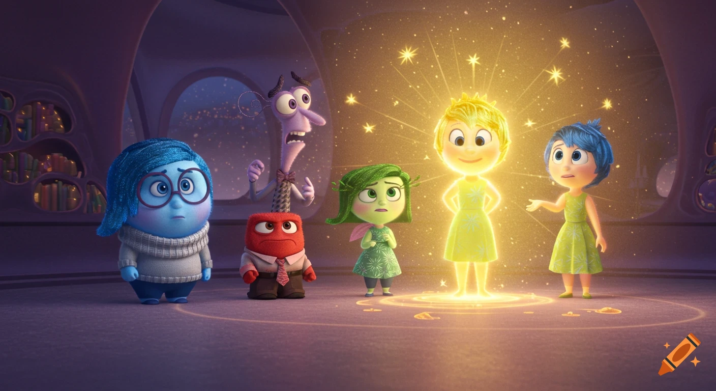 Cartoon characters resembling Sadness, Anger, Fear, Disgust, and a glowing Joy from Inside Out stand in a room.