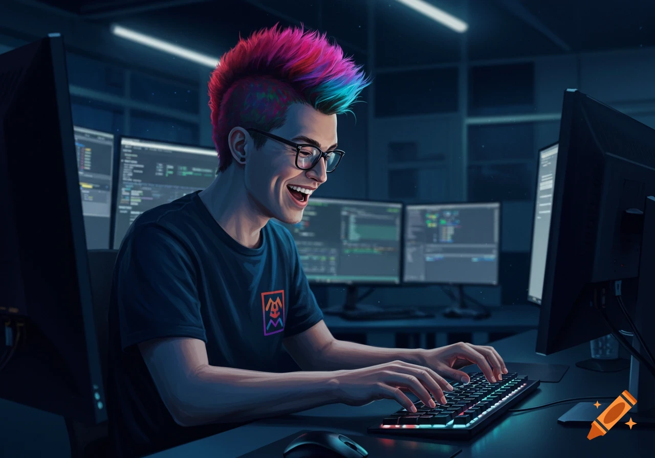Person with colorful hair and glasses happily typing on a keyboard with monitors displaying code in a dark room
