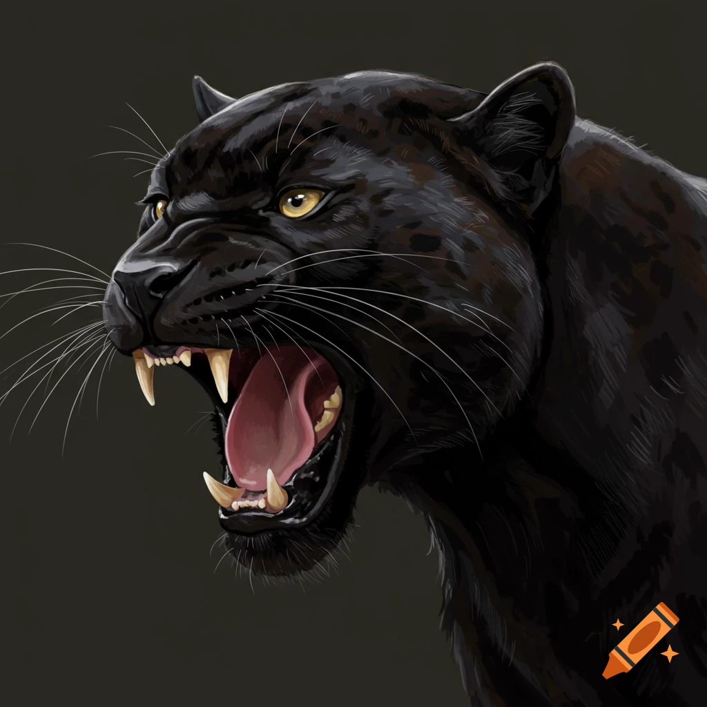 Close-up digital painting of a black panther snarling with its mouth open.