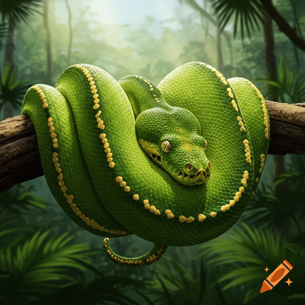 A bright green snake with yellow markings coiled on a tree branch in a lush jungle setting, photorealistic style.