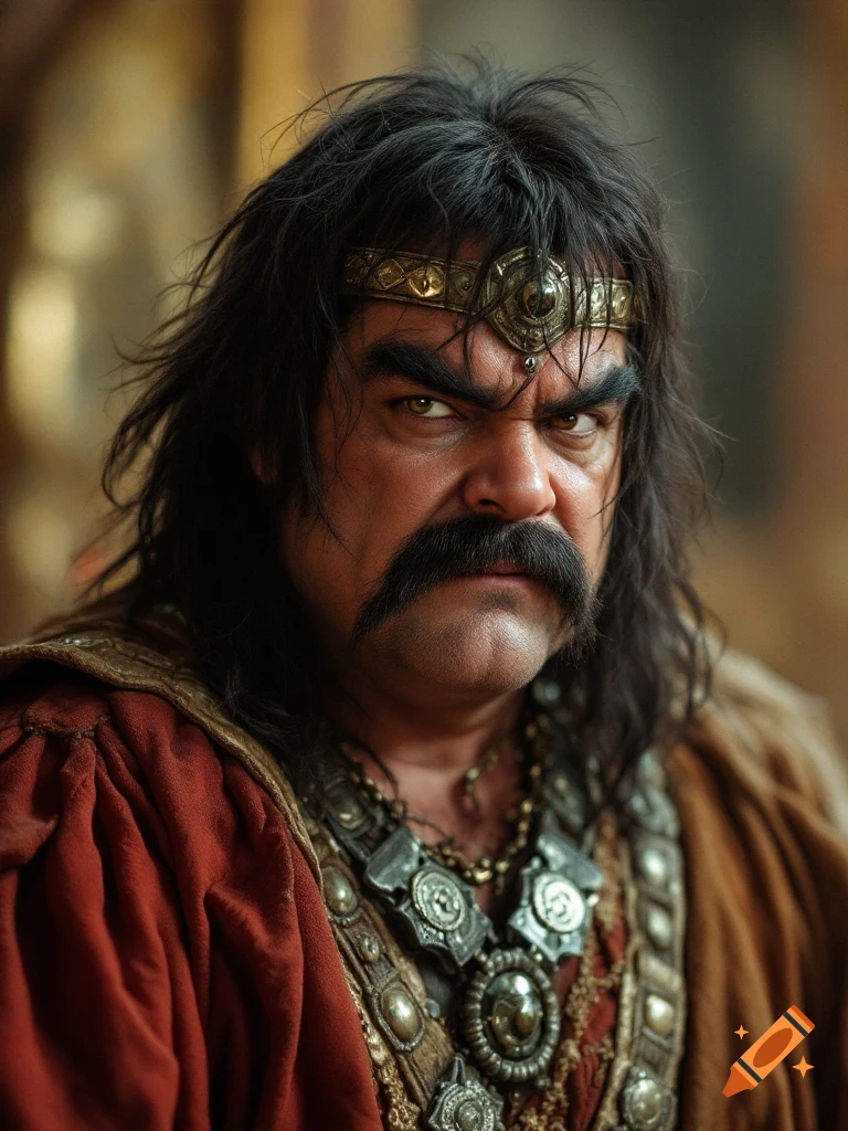 Close-up portrait of a man with a mustache wearing a historical-style costume and headpiece