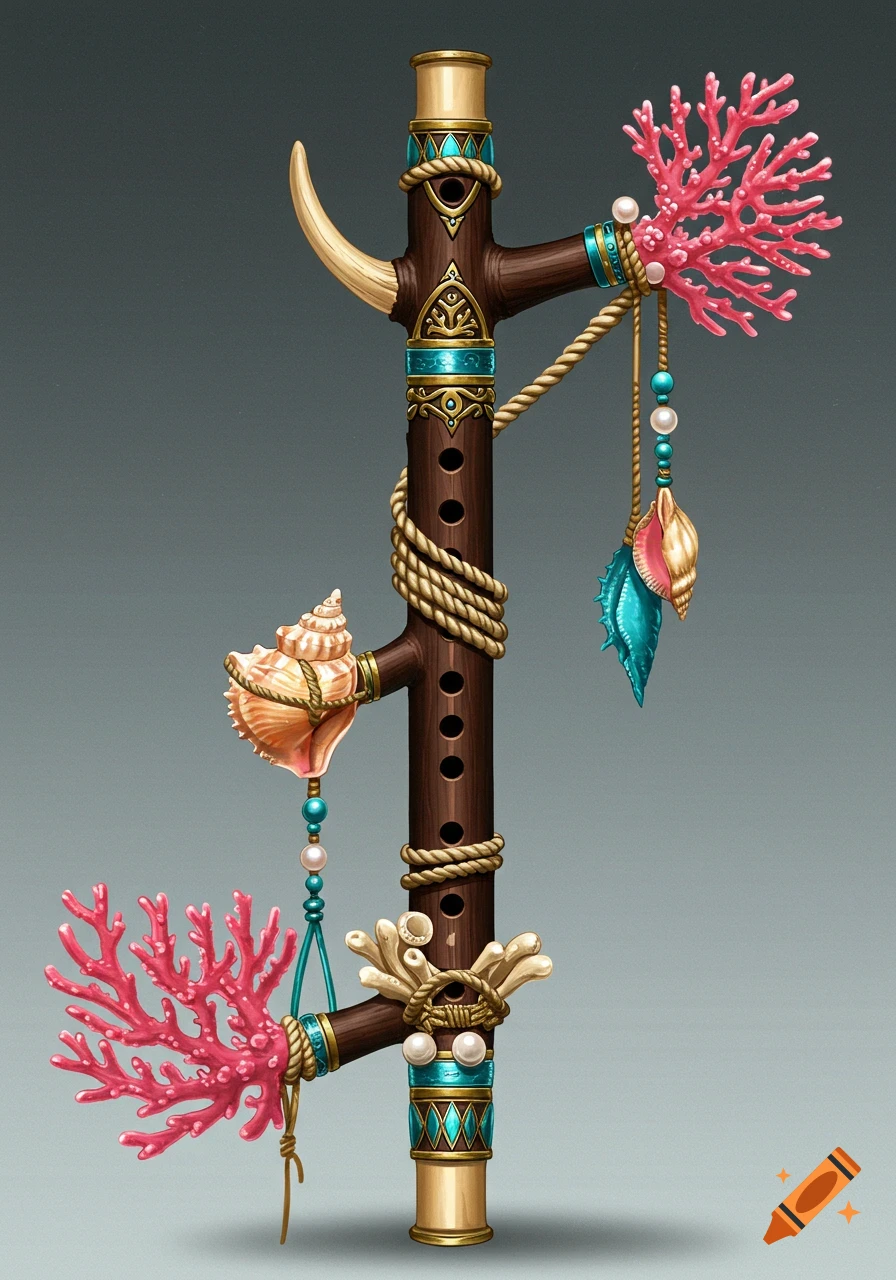 Concept art of a fantasy flute decorated with coral, shells, and rope.
