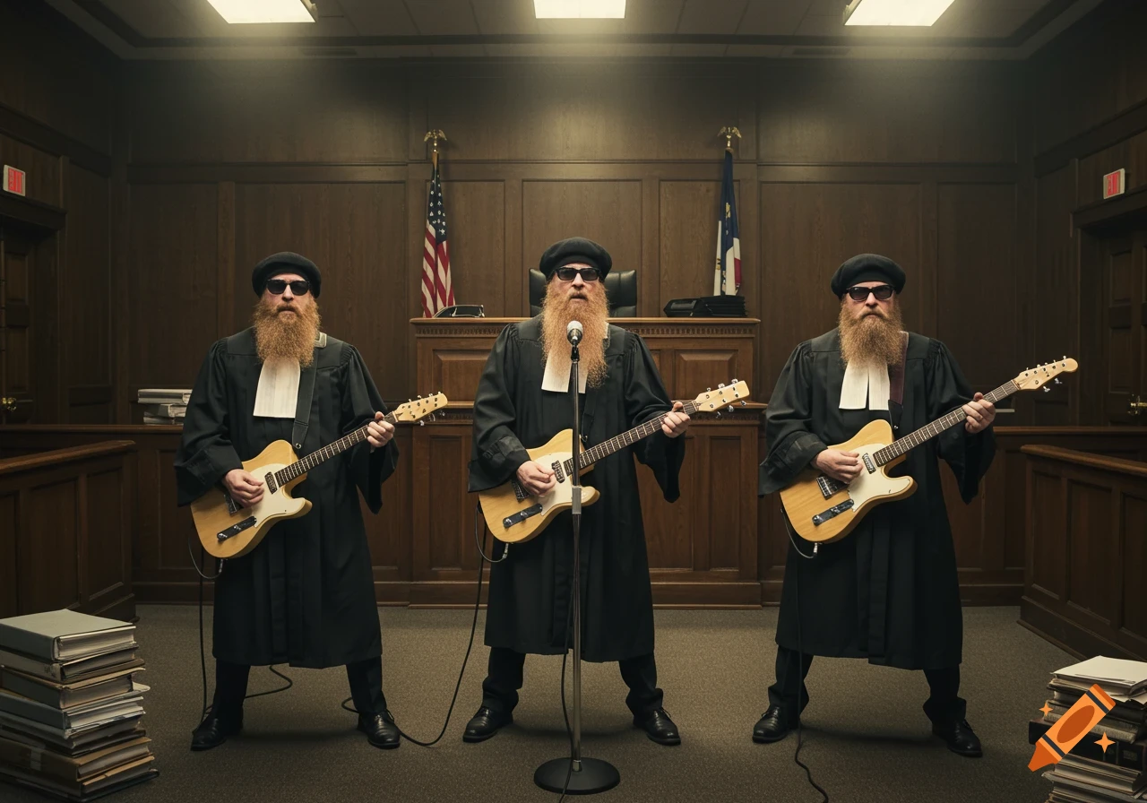 Three men resembling ZZ Top in judge robes play electric guitars in a courtroom.
