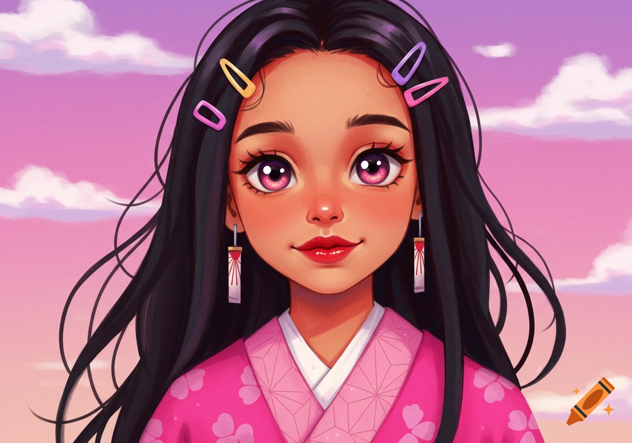 Anime portrait of a girl with long dark hair and pink hair clips ...