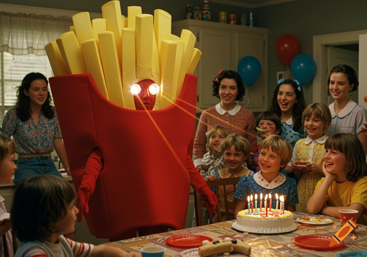 A person in a French fry costume with bright eyes at a 1980s children's birthday party with a cake.
