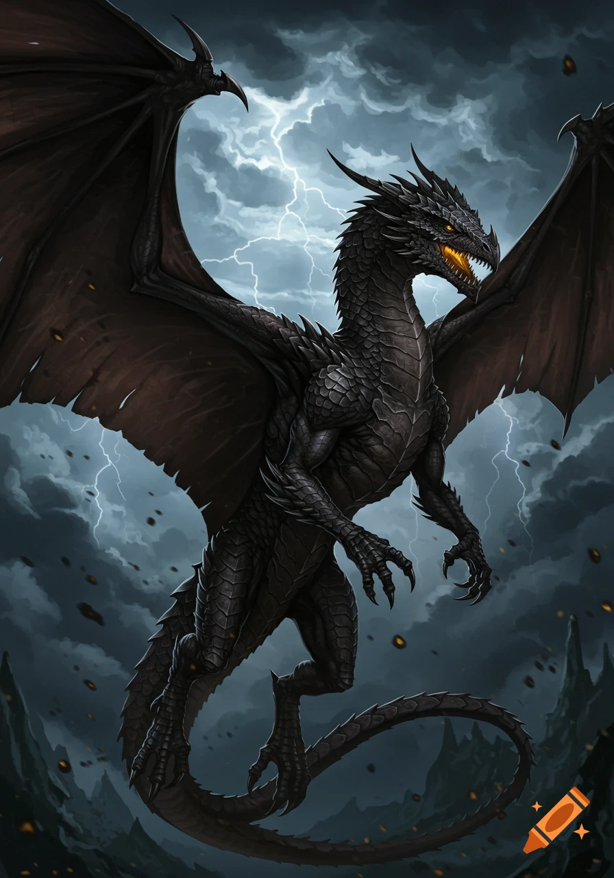 A black dragon with orange eyes flies through a stormy sky with ...