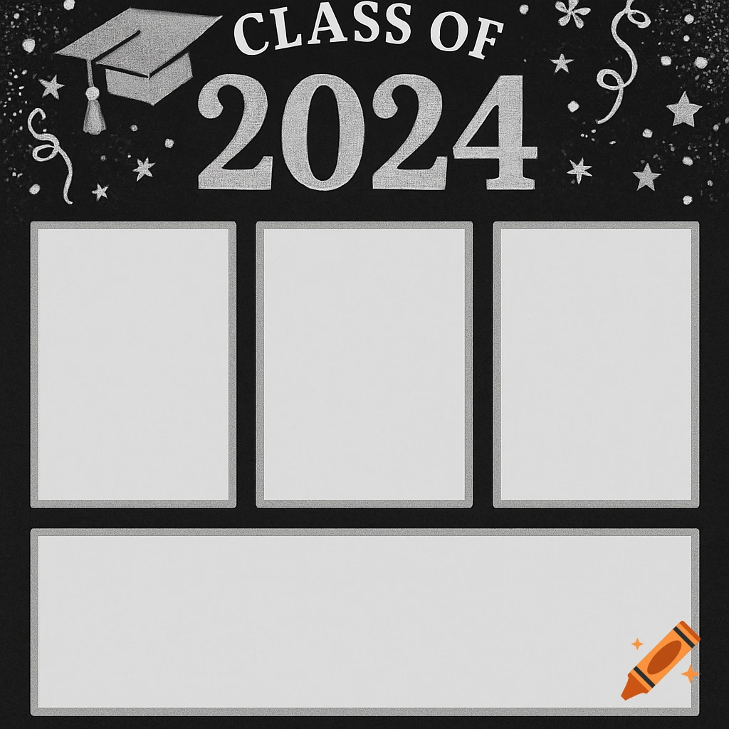 Black and silver graduation photo booth template with Class of 2024 text and photo placeholders.