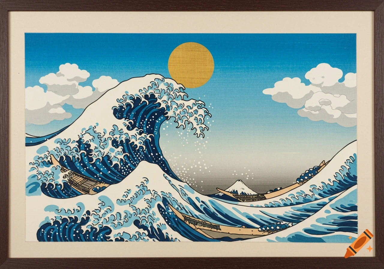 Woodblock print of a large wave crashing over boats with Mount Fuji and the sun in the background.