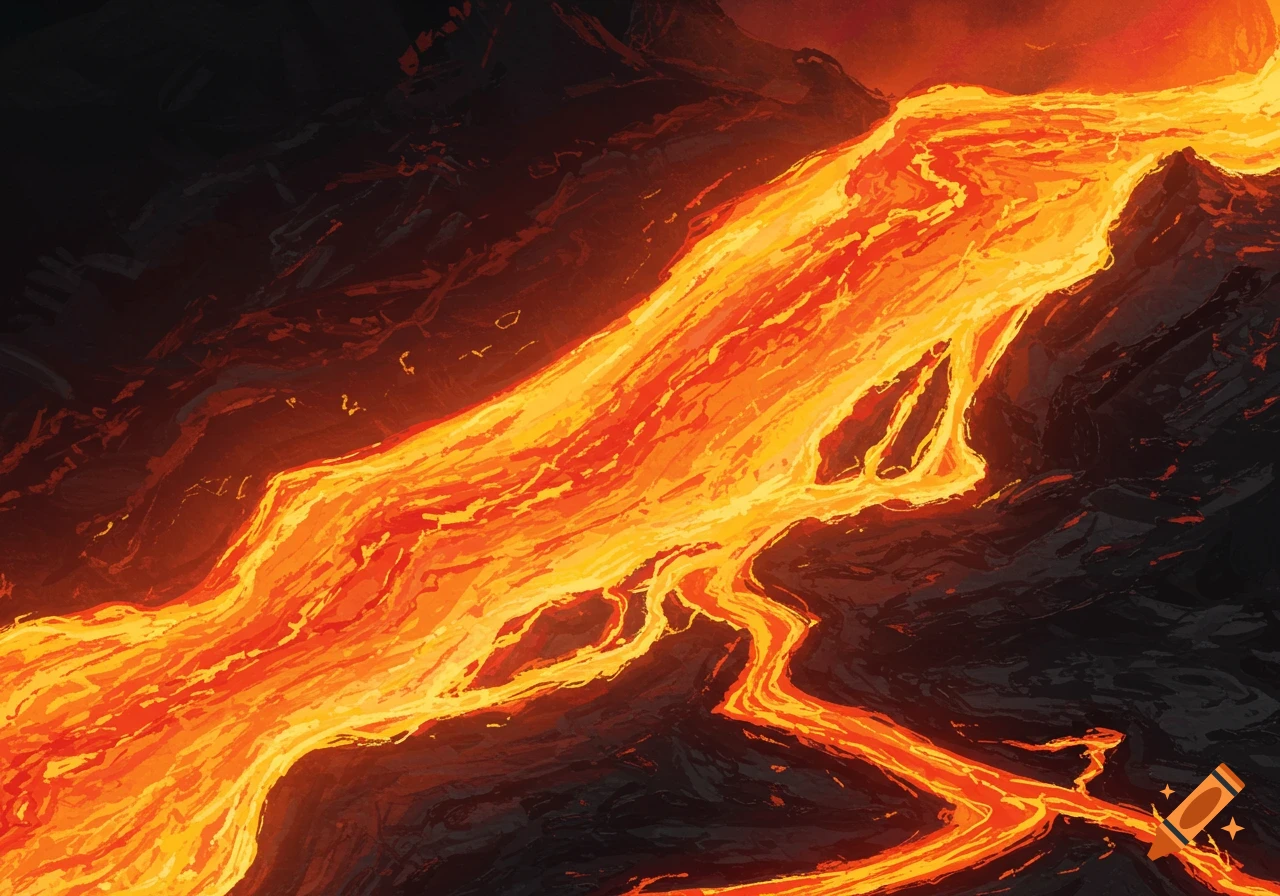 A river of glowing orange and yellow lava flows down a dark, rocky slope in an illustrative style.