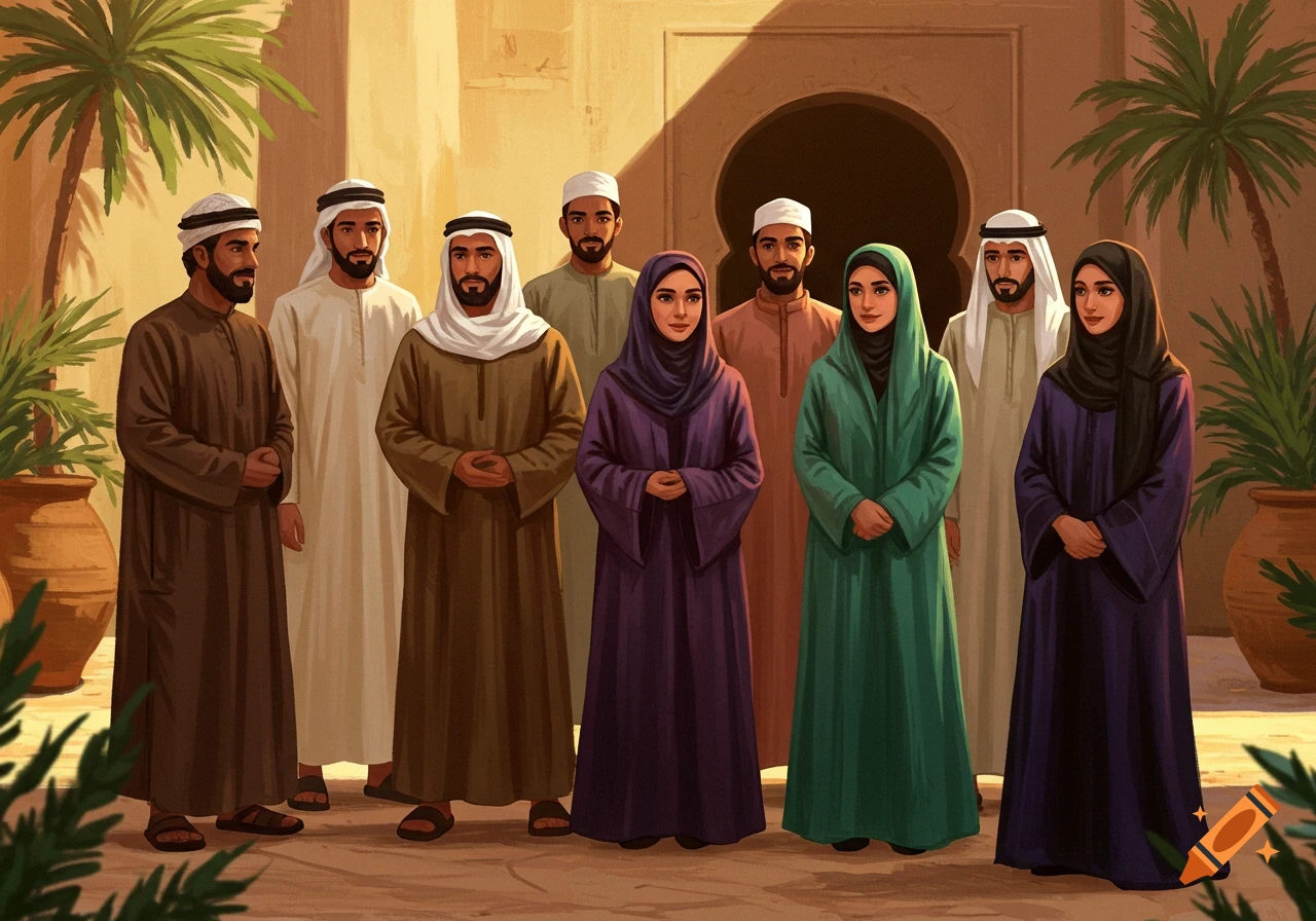 Group of men and women in thobes and abayas standing outdoors near archway and palm trees, illustrative style.