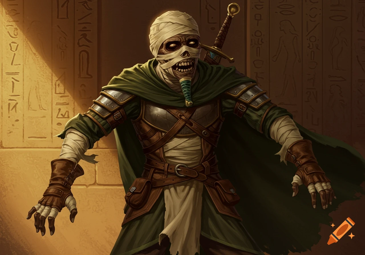 A mummy warrior in armor and a green cape stands in an ancient Egyptian tomb.