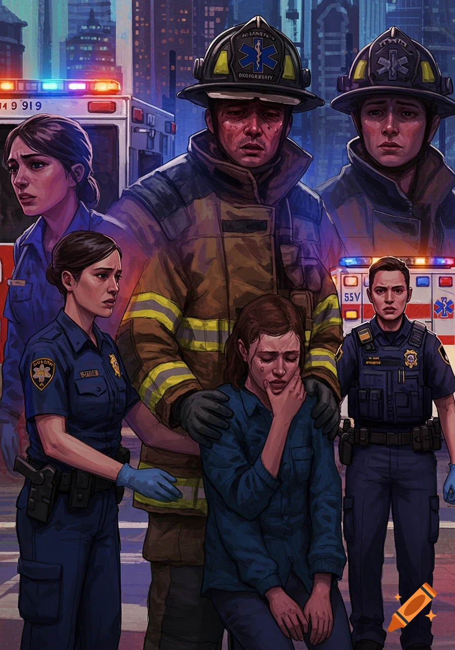Illustration of firefighters, police, and paramedics attending to a distressed civilian in a city.