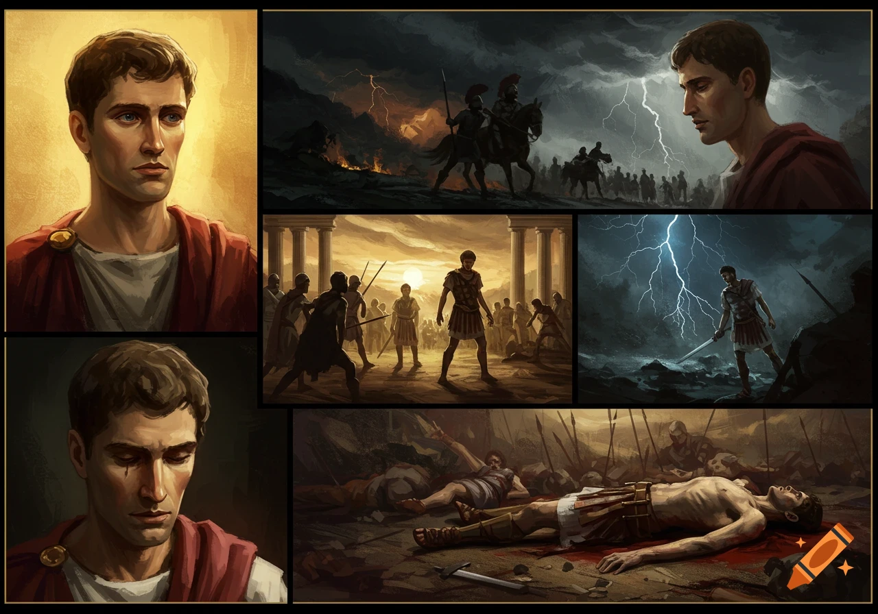 Multi-panel illustration depicting scenes from Roman history, including portraits, battles, and death.