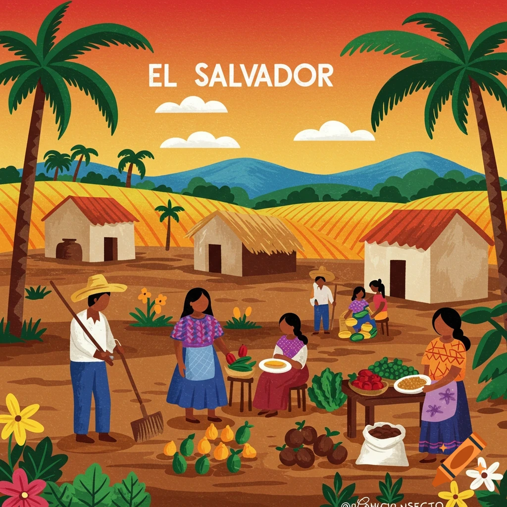 Folk art illustration of people farming and selling produce in a rural tropical landscape with 'EL SALVADOR' text.