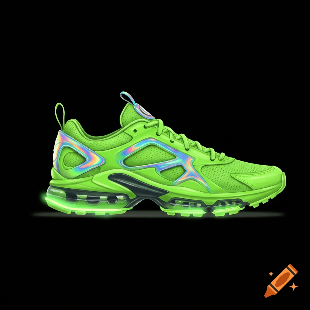 Bright neon green sneaker with iridescent details and glowing sole on a black background.